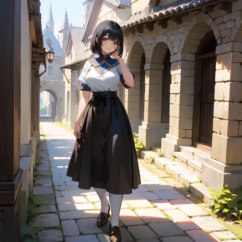 With the best image quality、Teenage girl standing alone outdoors。In high resolution、Beautiful fine details、tranquil atmosphere。((Black Hair Bob Hair))、Cute smile。(((breasts are large)))、I dont have anything in my hands、realistic hand、Medieval European nati...