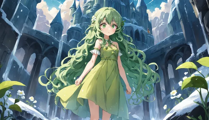 Long green slightly curly hair，yellow dress，Big glass-colored eyes，There is a large patch of four-leaf clover around it，There is an ice castle in the back