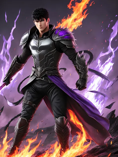 Full body scene of Guts (Berserk) with black hair, 20 years old handsome face, cold eyes, looking at viewer, scar on face, flaming, center, full body wearing black armor inspired by scales dragon reflects hell fire and purple black lightning.