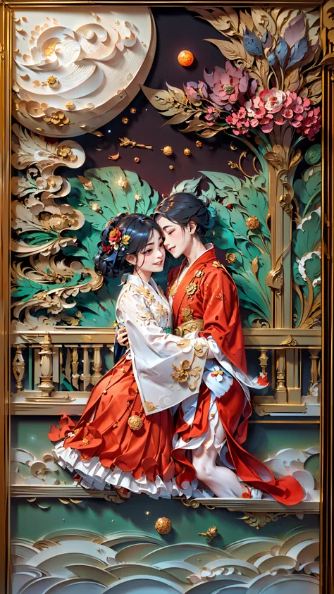 Red background,1 moon，(A hanfu couple hugging on a bridge:1.4, smile)，rosette，(illustration:1.3，paper art:1.3, Quilted paper art:1.2, extremelybold outline),( reasonable design, Clear lines, High sharpness,best quality, Very detailed, masterpiece, movie li...