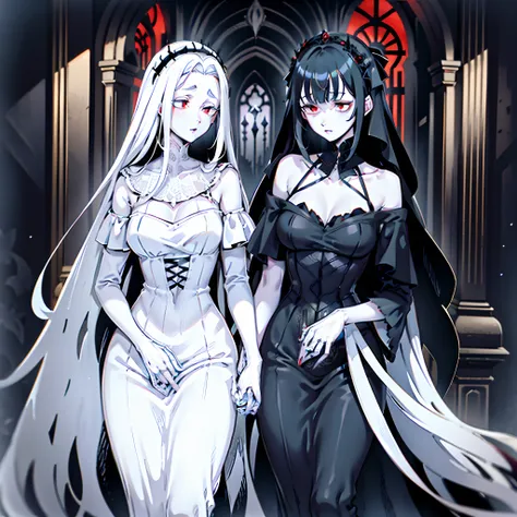 ugliness. neo-gothic. glomy. inkpunk minimalism. tim burton. corpse bride.white wedding gown，white dresses，red eyes，pale skin，bl...