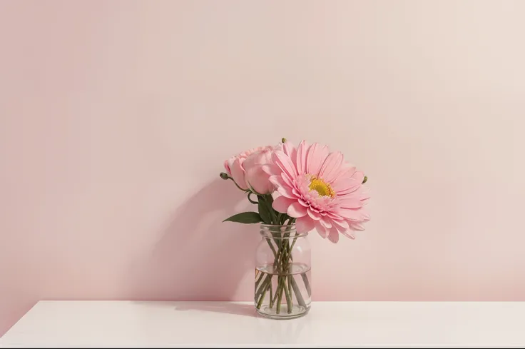 there are flowers on a corner of a pink background