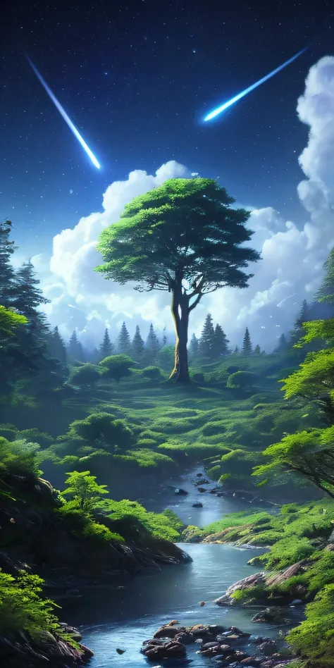 Illustration of a hyperrealistic , otherworldly, ultrasky scene featuring a giant crystal tree full body,very detailed and magical lighting, intricate forest details, vegetation and river around, solarpunk ,landscape, giant tree, beatifull leafy with beaut...