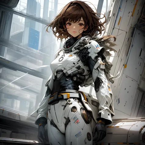 Futuristic fashion, white top and bottom body suit, black line pattern on body suit, brown hair, brown eyes, beautiful woman, black belt, standing in space-age white room, Windows are all glass, many geometric skyscrapers are visible outside, satellites ar...