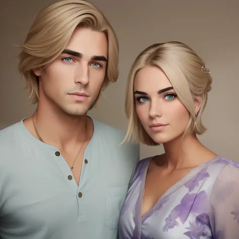 Light blonde shoulder-length hair，Purple eye，Beautiful male and short blonde hair，The eyebrows are thick，Male marriage picture with green eyes