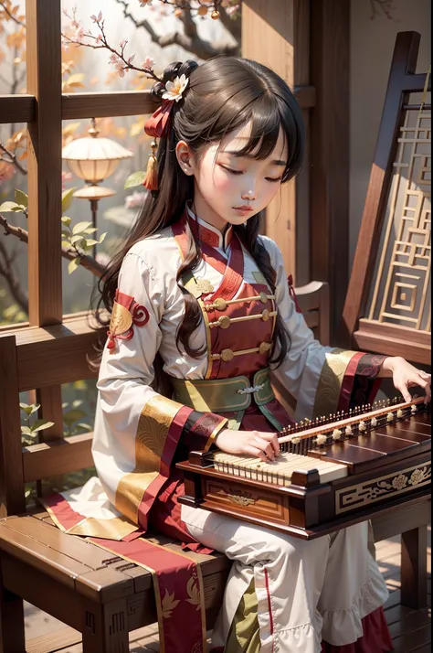 Play the guzheng，Semi-closed Eyes，adolable