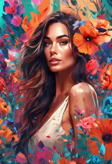 a painting of a woman in a floral dress with long hair, in style of digital illustration, beautiful art uhd 4 k, megan fox colorful portrait, beautiful gorgeous digital art, stunning digital illustration, gorgeous digital art, colorfull illustration, beaut...