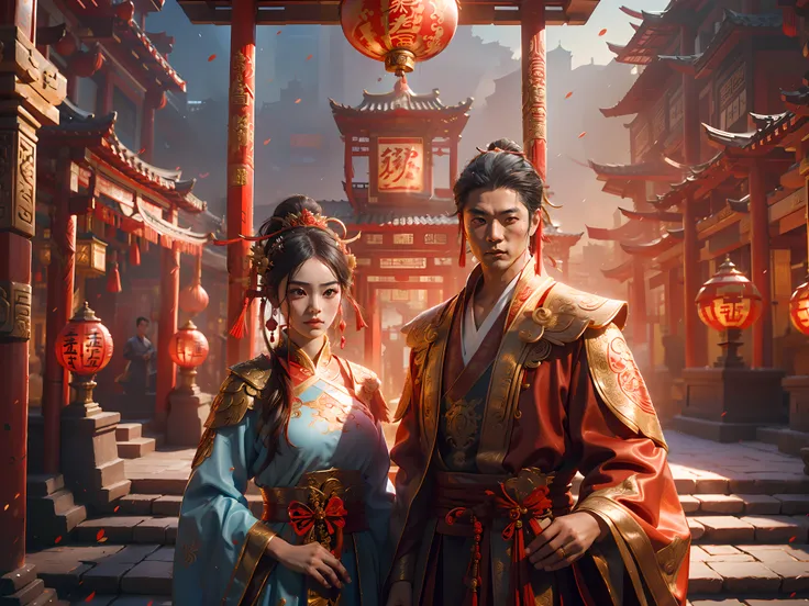 1 man and 1 woman are married，Stand in front of a Chinese-style building, cowboy lens，(Tall:1.1)，All dressed in ancient red，A man dresses in ancient costumes in red and gold，A woman wears a crown on her head, Clear facial features，Chinese courtyard in the ...