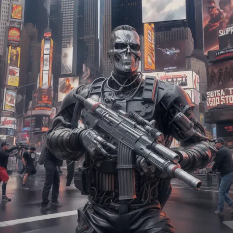 Full shot, Full of water, Terminator T-1000 machine gun fire against the background of Times Square in New York, Realistic chiaroscuro, Super high quality, Super high detail, Clear focus, 32K, Super naturalism, The ultra-realistice