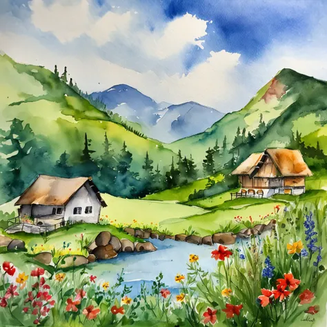 Endless green meadows，A lake that clearly reflects the blue sky，Patches of bright and colorful flowers，The clouds in the sky are low, Very white and soft，There is a chalet by the lake