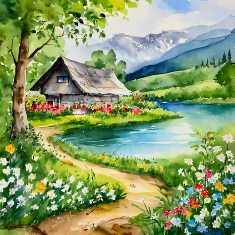 Endless green meadows，A lake that clearly reflects the blue sky，Patches of bright and colorful flowers，The clouds in the sky are low, Very white and soft，There is a chalet by the lake