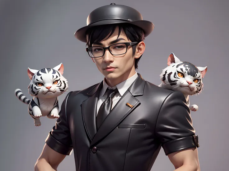 Young man with oriental face in leather hat, tiger, oriental face in formal suit, short black hair, silver glasses, digital painting, 3D character design by Mark Clairedon and Pixar and Hayao Miyazaki and Akira Toriyama, the illustration is a high-definiti...