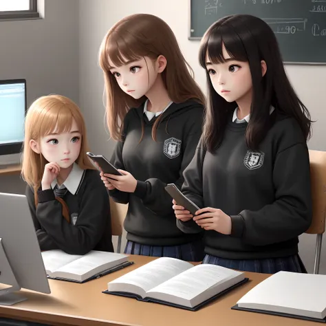 weekend，schoolgirls，quadratic element，Study desk，whaite hair，Black sweatshirt，Aesthetic style，4k，vertical screen