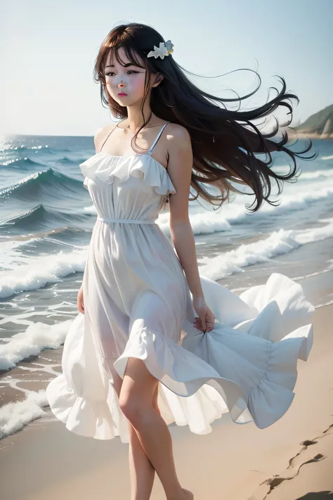 A beautiful and moving person，A girl who falls generously，Wearing a white dress，stand on sand，Under a blue sky，She faces the sea，The sea breeze ruffled his hair，Blowing in the wind，Enjoy the embrace of the sea。