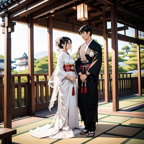 Wedding ceremony in classic Japanese attire of Japan