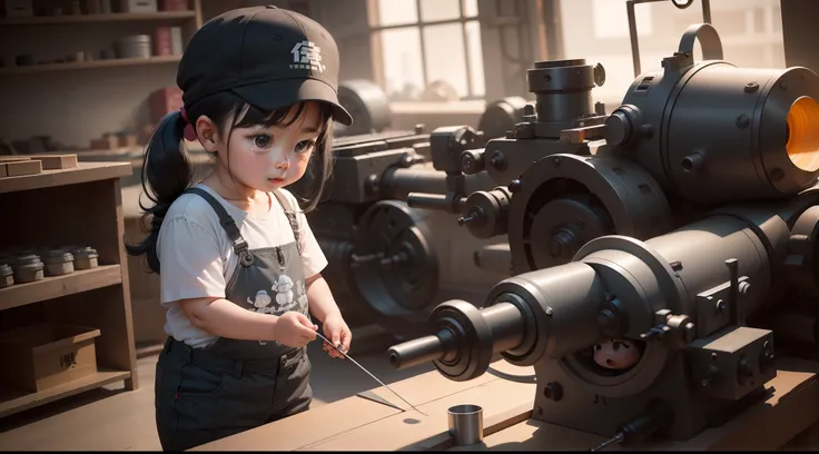 A 3-year-old slightly chubby girl in China， Wear a cap，Gray tooling，Gray trousers，Lathe operation，Workshops, Workshops，assembly line，Black hair， adolable， with brown eye，by Pixar, tchibi，frontage，Full body portrait