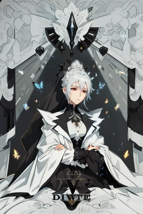 Monster white shirt black coat girl lying in pure black coffin， ultra - detailed ， Fantastical，Many black butterflies，Fantasy world，Not exposed，white  shirt，blacksuit，The left side is tied into a ponytail，Gray hair，Fantasy concept art black suit