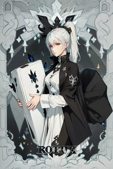 Monster white shirt black coat girl lying in pure black coffin， ultra - detailed ， Fantastical，Many black butterflies，Fantasy world，Not exposed，white  shirt，blacksuit，The left side is tied into a ponytail，Gray hair，Fantasy concept art black suit