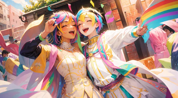 A joyous and exuberant gay wedding ceremony, adorned with vibrant rainbows.