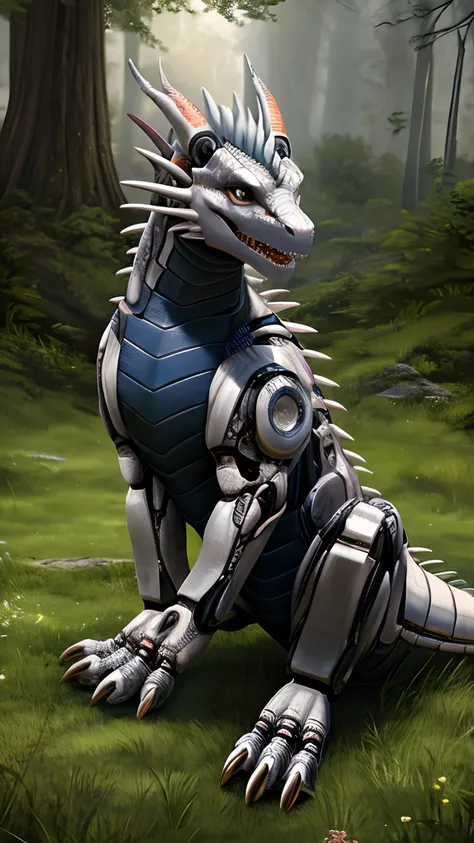 Bionic robot dragon，female，Gilet blanc，short white pants，Sit on grass，HD graphics，Detailed and realistic，high detal，high qulity，photo-realistic，photorealistic eye，Detailed paws，Clear eyes，Masterpiece artwork，Five-fingered hands，Electronic eye