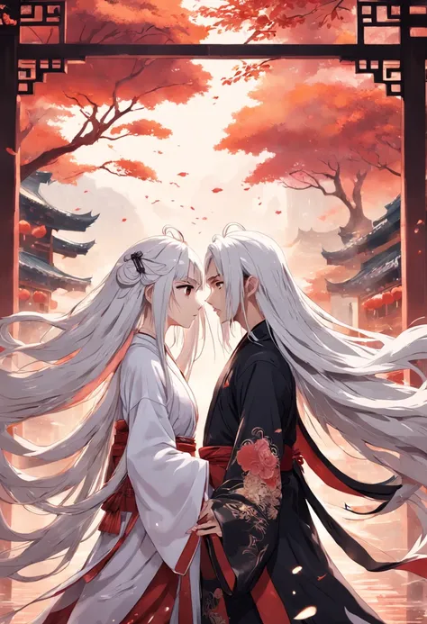 couple, long hair, wearing ancient chinese cinema wedding clothes, men with long white hair, women with black hair.