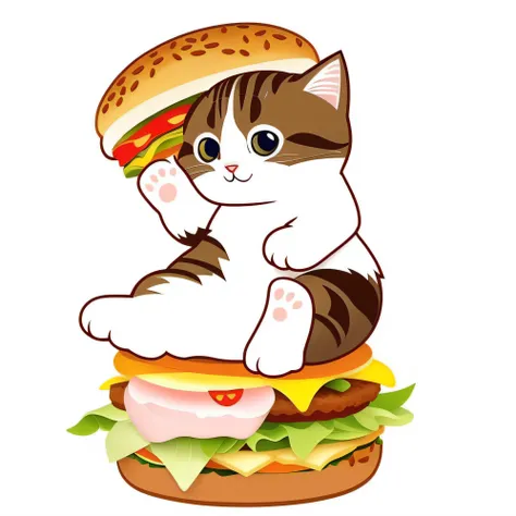 There was a cat sitting on a sandwich，Take the bread, kitten sandwish, A cute cat, anime visual of a cute cat, cat eating, illustration of a cat, Kawaii cat, hamburgers, anime cat, cat design, eating burgers, hamburger, realistic anime cat, whole cat body,...