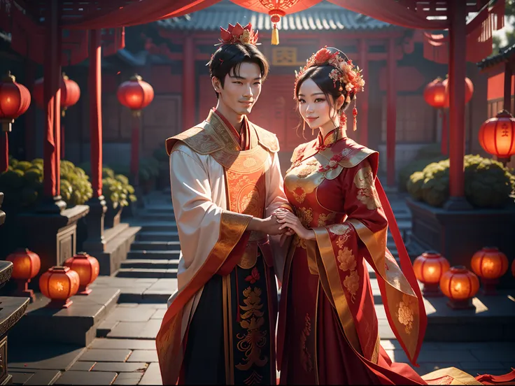 1 man and 1 woman are married，Stand in front of a Chinese-style building, closeup of face，Clear facial features，Happy smile, Look at each other affectionately，Hold hands with each other，A man dresses in ancient costumes in red and gold，A woman wears a red-...