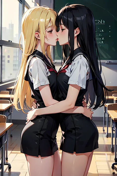 two girls，same stature，one black hair and one blonde，hold each other，the two bodies are close together，kiss，in class room