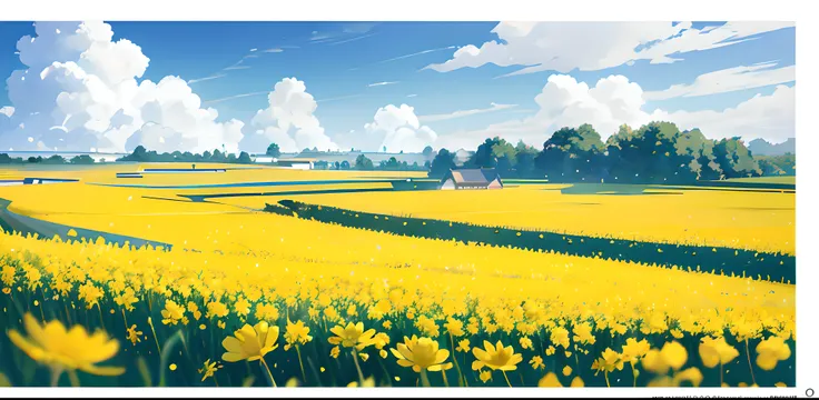 夏天、grassy fields、Canola flower field，A few small flowers、Paradisiacal view、large clouds、blue-sky、scorching weather、high definition detail、wet watermarks、hyper-detailing、cinematic ligh、ultra-realistic realism、Soft light、Deep field focus bokeh、Ray tracing an...