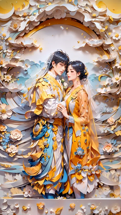 (A newlyweds dressed in Tang costumes:1.4)，(((hugs)))，(illustration，paper art:1.3, Quilted paper art:1.2),( reasonable design, Clear lines,best quality, masterpiece, movie lighting effects, 4K ),clean backdrop