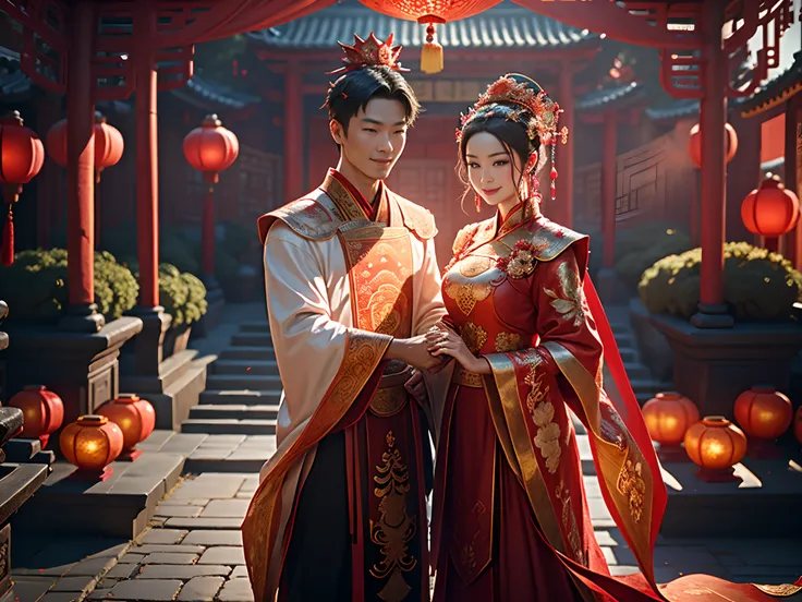 1 man and 1 woman are married，Stand in front of a Chinese-style building, closeup of face，Clear facial features，Happy smile, Look at each other affectionately，Hold hands with each other，A man dresses in ancient costumes in red and gold，A woman wears a red-...