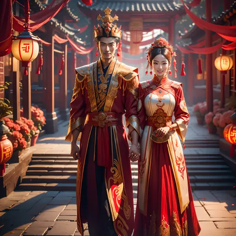 （Best quality: 1.1), (Realistic: 1.1), (Wedding: 1.1), (highly details: 1.1), 1 man and 1 woman are married，Stand in front of a Chinese-style building, closeup of face，Clear facial features，Happy smile, Look at each other affectionately，Hold hands with eac...