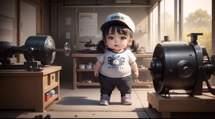 A slightly chubby girl of 3 years old in China， Wear a cap，Gray tooling，Gray trousers，Lathe operation，Workshops, Workshops，assembly line，Black hair， adolable， with brown eye，by Pixar, tchibi，frontage，Full body portrait