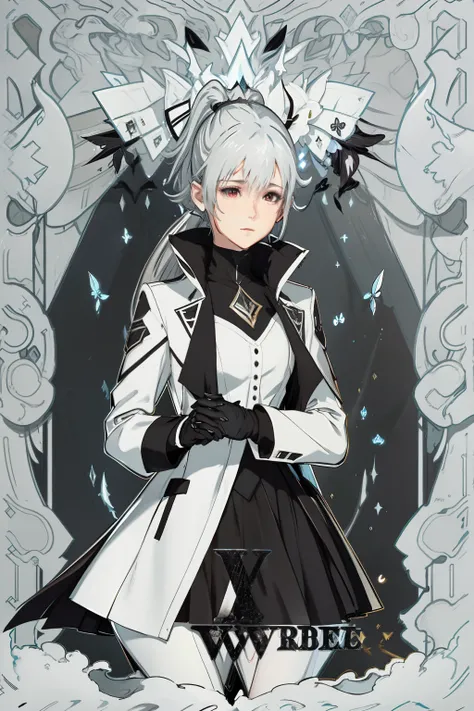 White shirt black coat girl， ultra - detailed ， Fantastical，Many black butterflies，Fantasy world，Not exposed，white  shirt，blacksuit，The left side is tied into a ponytail，Gray hair，fantasy concept art，In black suit，Gray hair，With gray eyes