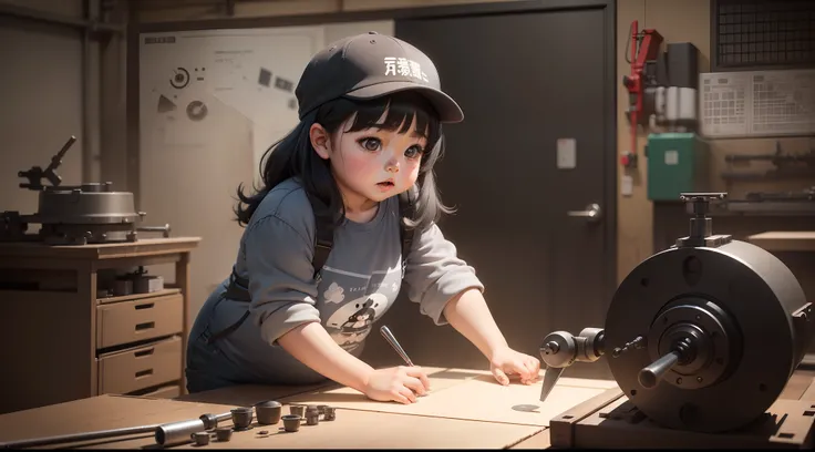 A slightly chubby girl of 3 years old in China， Wear a cap，Gray tooling，Gray trousers，Lathe operation，Workshops, Workshops，assembly line，Black hair， adolable， with brown eye，by Pixar, tchibi，frontage，Full body portrait