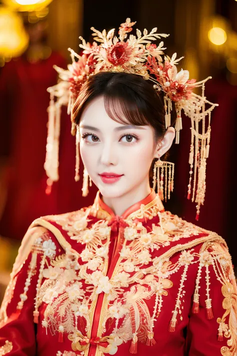 a chinese wedding，the bride，A woman in a red and gold dress，Phoenix crown，（（best qualtiy）），super-fine，8K，A detailed，acurate，Works of masters