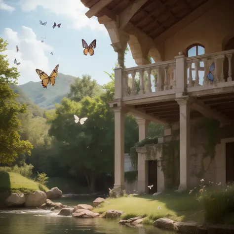 scenecy，（Very detailed CG unity 8k wallpaper），most beautiful artwork in the world，Professional majestic oil painting，high detal，sharp fokus，Realistic painting art，A flying white butterfly，No humans appear，The butterfly flies towards the right side of the f...