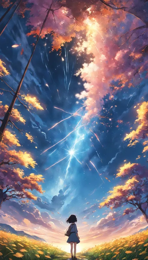 Makoto Shinkai, Expansive landscape photograph , (View from below，Displays the sky above and the clearing below), a girl standing on flower field looking up,  ( meteors:0.9), (Starcloud:1.3), Far Mountain, Tree BREAK Production Art, (Warm light source:1.2)...