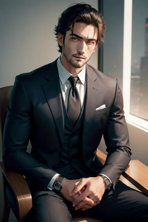 ((Half body))Photo Man sitting in a chair in CEO office on RAW、wearing black suit、a scene from a movie、(impeccable)、Serious and elegant men、With thick male eyebrows、(With a gentlemanly and serious face、) 、short short-haired、Dark black background image、Eleg...