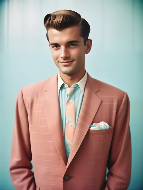 Portrait of a man, Wearing a pastel suit, The photo was taken with an analog camera in the 1950s,Person wearing traditional 50s style clothes々, smil,Who has a traditional 50s haircut々, Photo by William Eggleston, Appearance of the 50s, Highly detailed, sli...