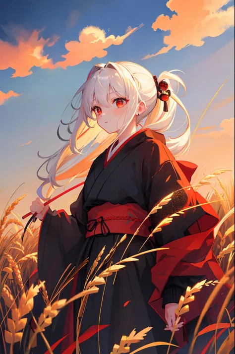 Masterpiece, Best quality, 1girll, Portrait, White hair, pony tails, Red eyes, Samurai, Wheat landscape, Sun, Clouds, (com cores neutras), (hdr:1.4)