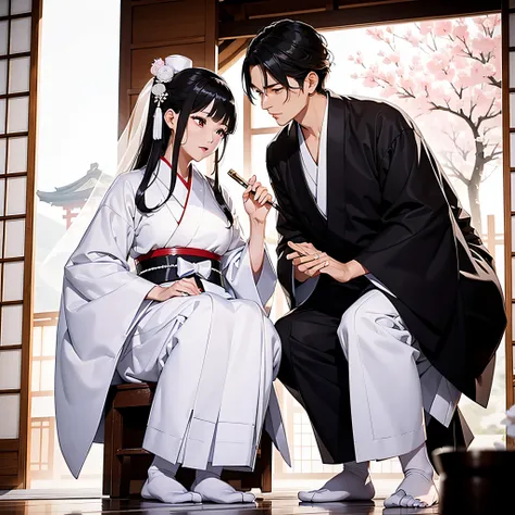 Wedding ceremony in classic Japanese attire of Japan、Congratulations、Men wear black five-crested haori hakama、Woman wearing a solid white cotton hat and white tabi socks、a couple、Highly detailed background，Realistic，ultra-detailliert，super detailed skin，li...