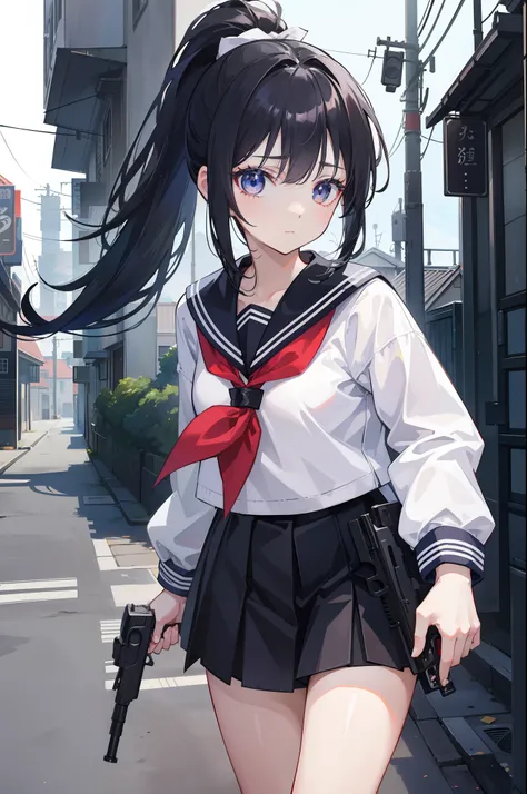 1 girl in、masutepiece、top-quality、Ponytail with black hair、cute little、a sailor suit、danger、Have a gun、pistols、((Girl with a pistol))、Dark back alleys、A person is falling