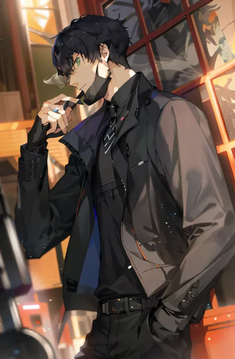 Anime man in black jacket and tie standing in front of the building, Tall anime guy with green eyes, persona 5 art style wlop, New Xiangcheng, Handsome anime pose, gendo ikari smoking a joint, zerochan art, detective clothes, inspired by Yamagata Hiro, shi...