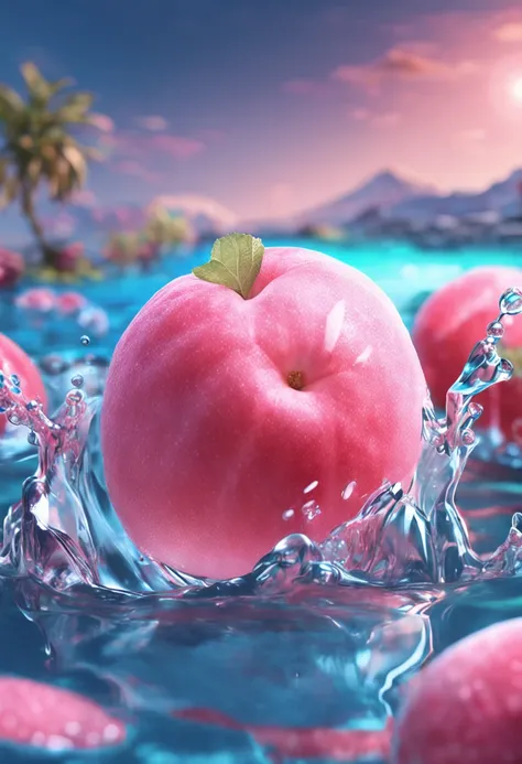 Peaches,Cut Peaches,Pink,water, ice,Bubbles,hyper-realistic water,Mint leaves, colorful, sky blue,in the style of nightcore, lorenz hideyoshi, eiichiro oda, colorful animation stills, sparkling water reflections, colorful drawings, azure and aquamarine ,Br...