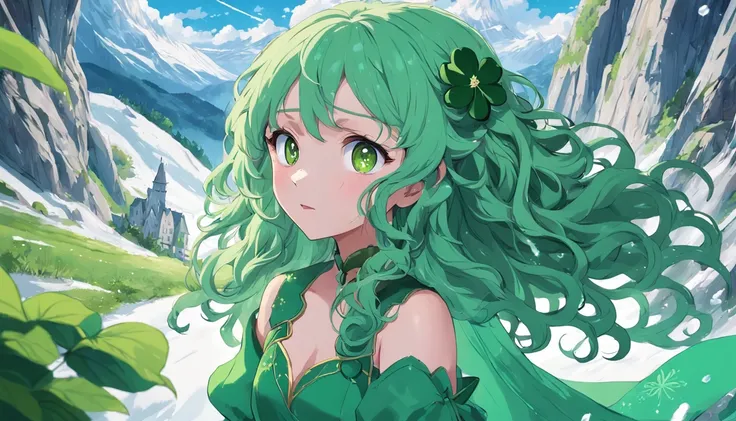 Long green slightly curly hair，pink dress，Big glass-colored eyes，There is a large patch of four-leaf clover around it，There is an ice castle in the back