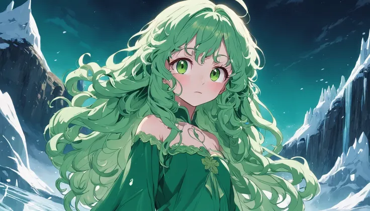 Long green slightly curly hair，pink dress，Big glass-colored eyes，There is a large patch of four-leaf clover around it，There is an ice castle in the back