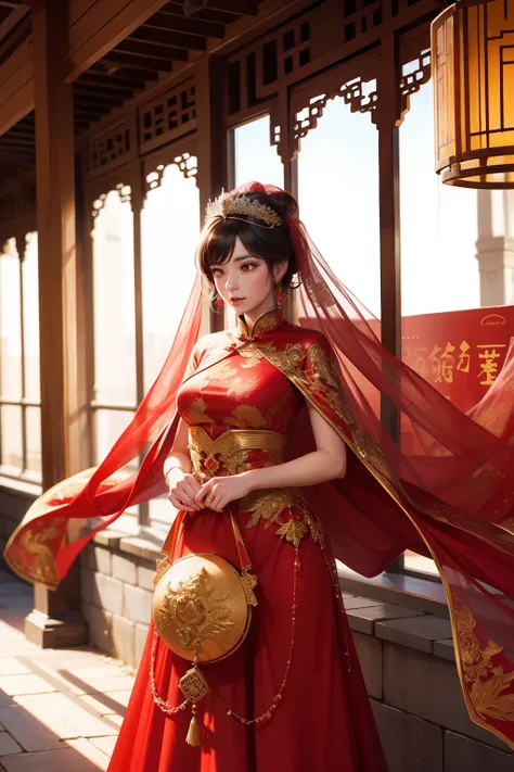 China Princess，With a veil，Red and gold bridal dress