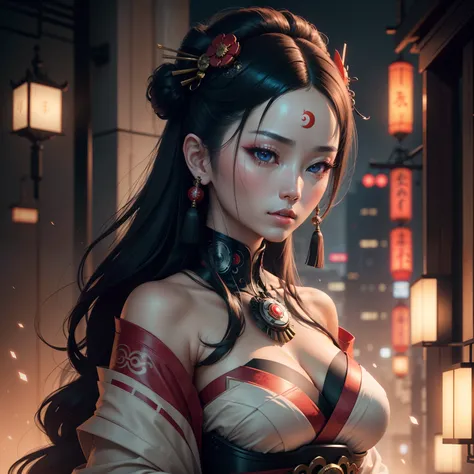 Cinematic still, A cyberpunk - style japanese geisha opera porcelain female character, an elegant AI goddess, with the traditional japanese opera facial makeup, looking straight ahead, realistically rendered, centered composition, graceful and charming, us...