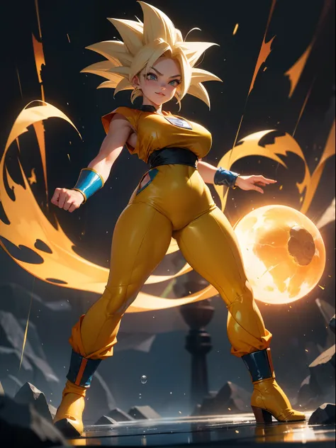 ((Full body photo, feet on the ground, straight body, Dragon Ball Anime)), ((Laura/woman, big breasts, extremely beautiful)), ((Super Saiyan Superior Instinct)) {transformed into Super Saiyan} wearing Goku childs costume/extremely tight on body, emanating ...